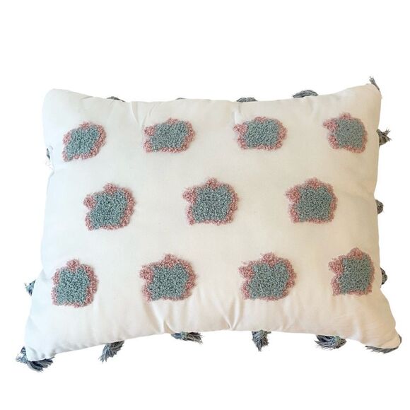 Small Decorative Rectangle Throw Pillow with Clouds and Pompoms - Picture 3 of 7
